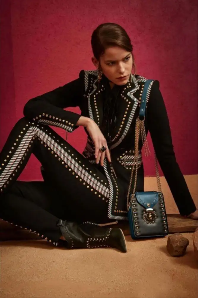 
new arrival fashionable beading slim fitting blazer and rivet beading bodycon pencil pant two pieces business woman blazer suit 