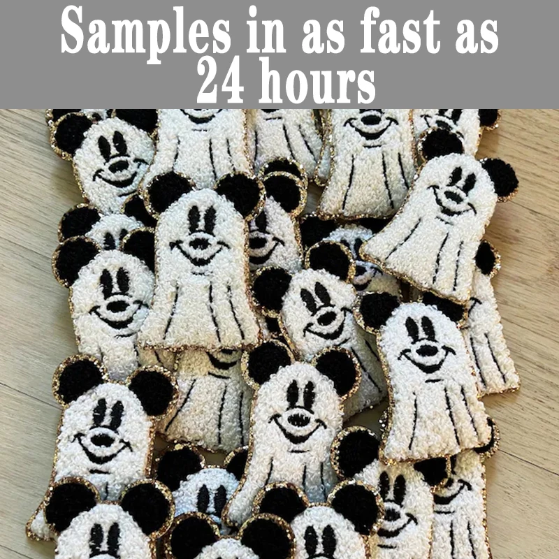 Wholesale Girl Mickey Halloween Pumpkin Chenille Patches With Purple Bow