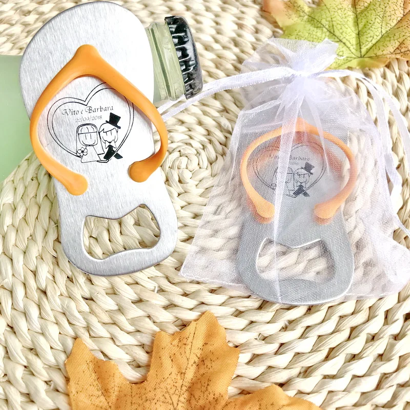 
Personalized Wedding Favors Flip Flop Beer Bottle Opener Slipper Beer Opener Print Names + White Organza Bag 