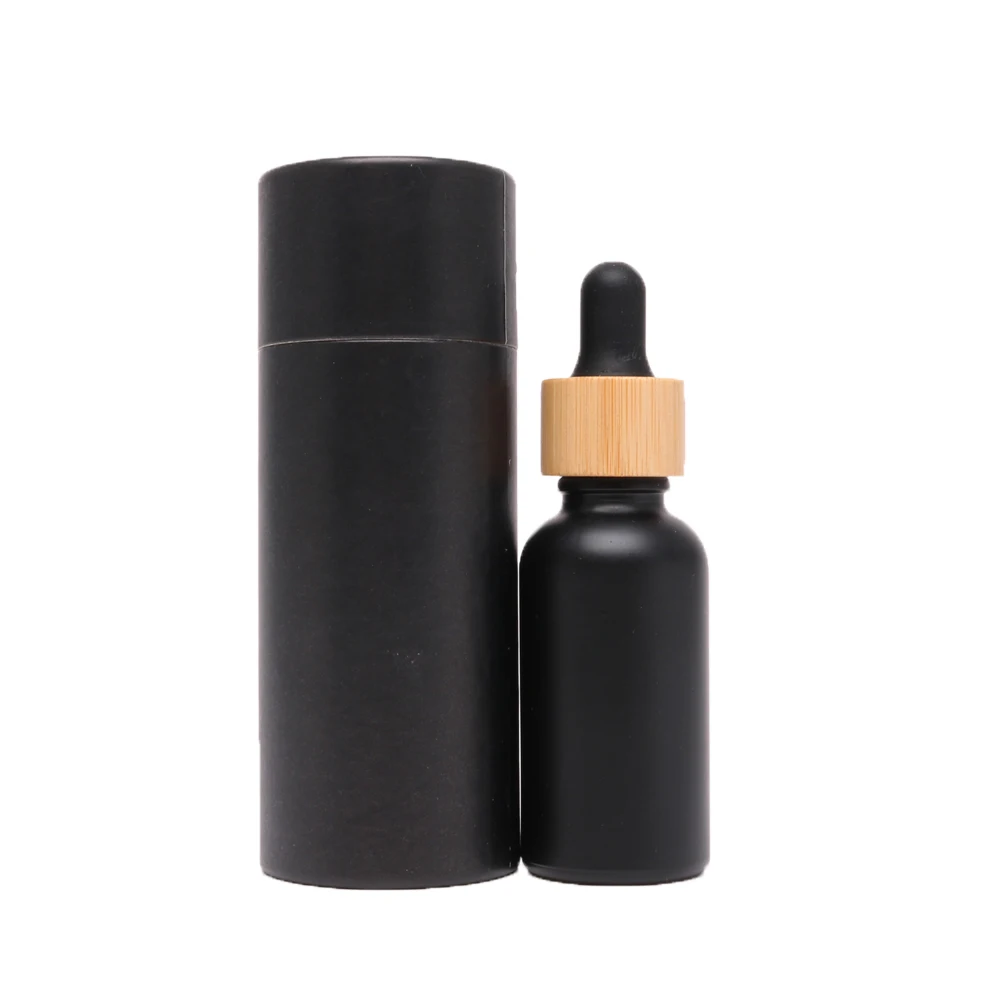 black 30ml glass essential oil bottle with bamboo lid dropper