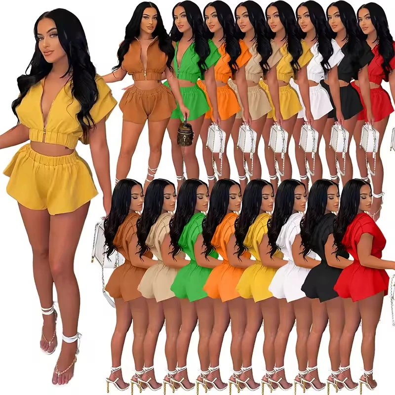 2024 New Arrival summer customize logo zip up women shorts set solid 8 colors 2 piece outfits women clothing casual hoodie sets