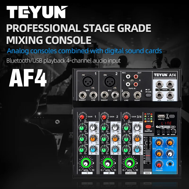 TEYUN AF4 Professional 4-way mixer 5V powered microphone reverb DJ Equipment mixer front effects bidirectional transmission mode