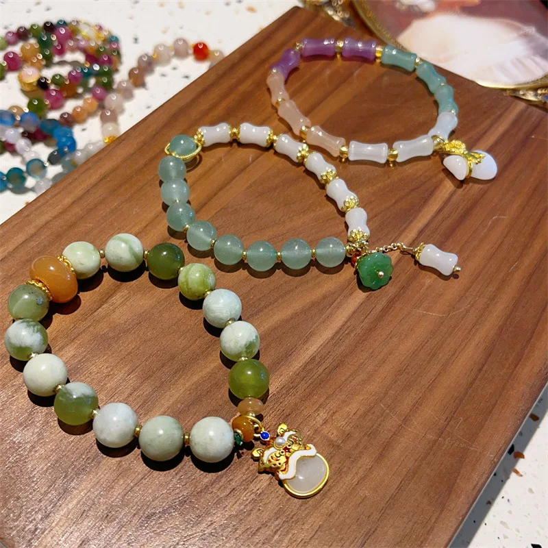 Chinese Style Natural Green Aventurine Jade Creamy Green Jade Stone Bamboo Bead Lotus Money Bag Fortune Lion Charm Bracelet