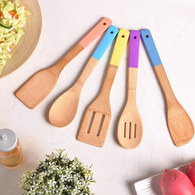 Wholesale Kitchen Utensils Kitchen Bamboo Utensils Spatula Spoon Set with Color Handle