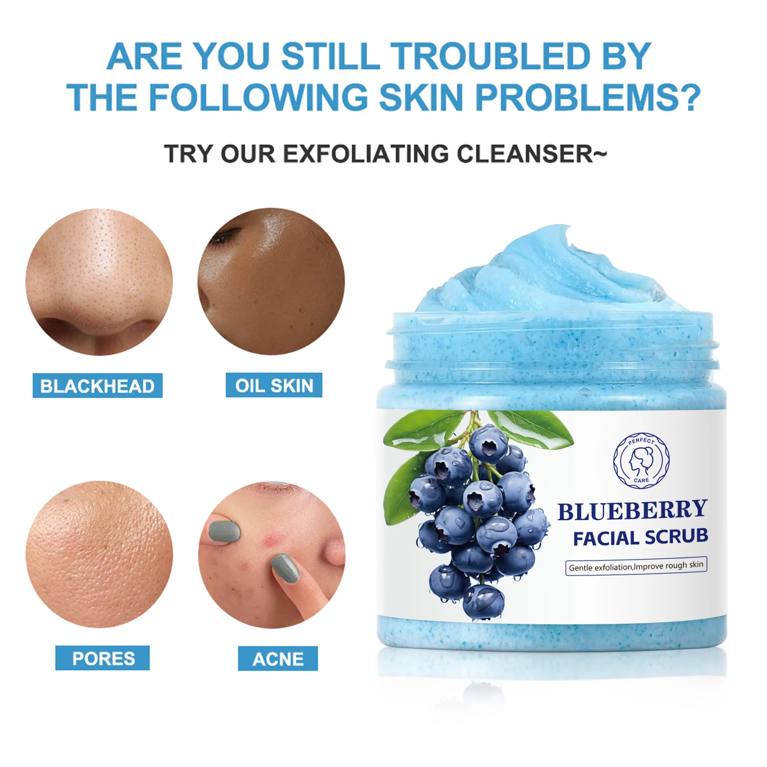 Private Label Natural Organic Moisturizing Blueberry Body Scrub for Acne Scar, Fine Lines & Wrinkles Facial Scrub