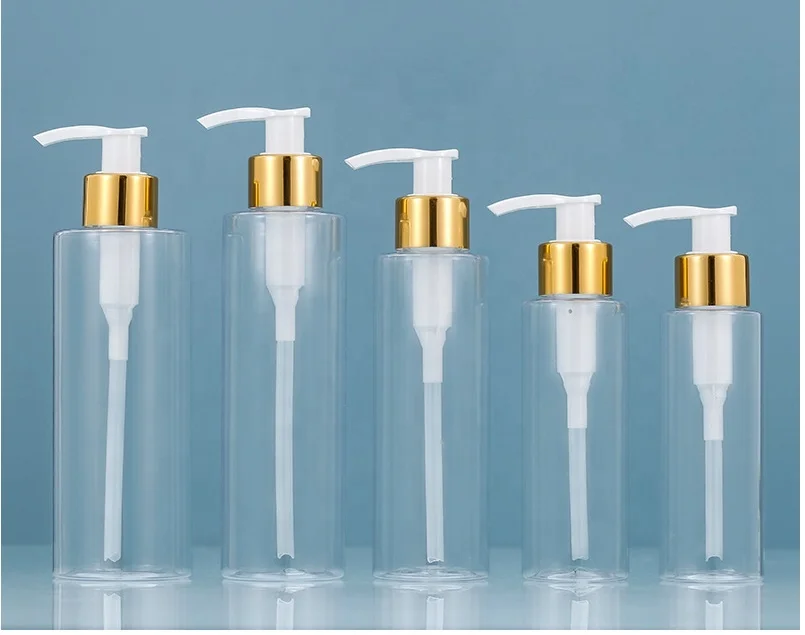 200mL pressure pump bottle. Transparent bottle body, white pump head, gold ring