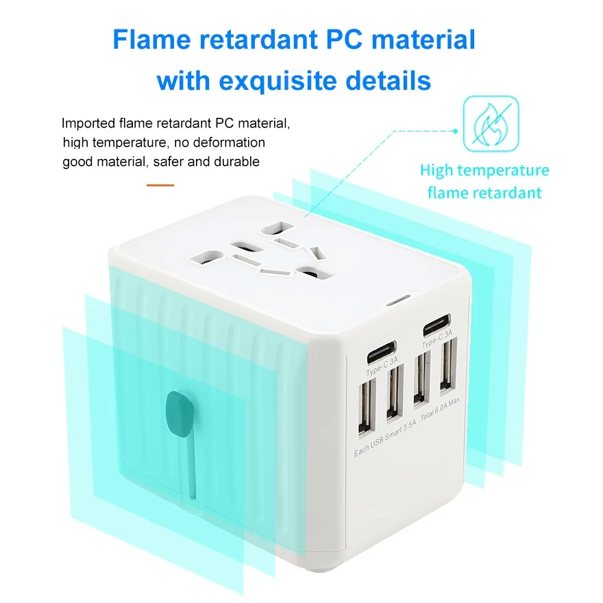 2020 new 110-250V US AUS UK EU plug mobile phone accessories 6USB charger 6A output universal travel adapter with 4USB+2Type-C