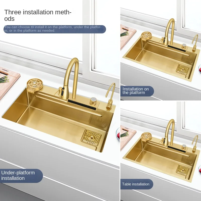 80 * 45cm gold 304 stainless steel kitchen accessories Feiyu waterfall sink large single slot dining table under the table