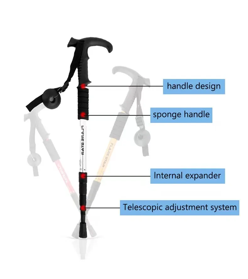 JETSHARK Hiking Pole Walking Stick adjustable Mountain Climbing Aluminum Alloy Telescopic Four Section Trekking Pole for Outdoor