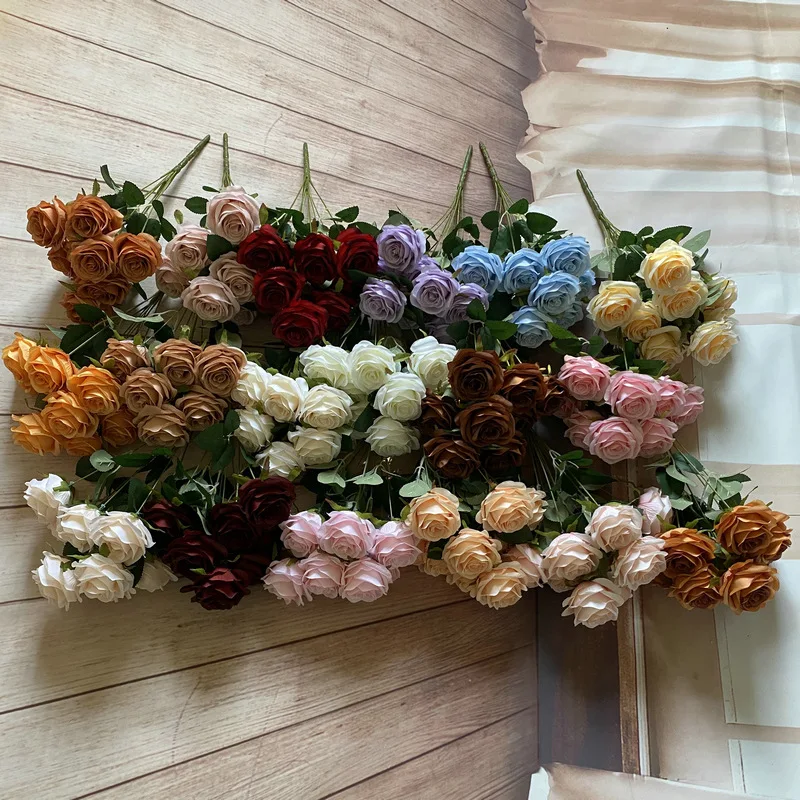Wholesale  9 Head Silk Artificial  roses bunches flower for Wedding Event Decoration