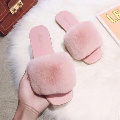 Hot Sell House Slides Luxury Indoors Outdoor Winter for Woman Fashion Leather Fake Rex Rabbit Fur Slippers