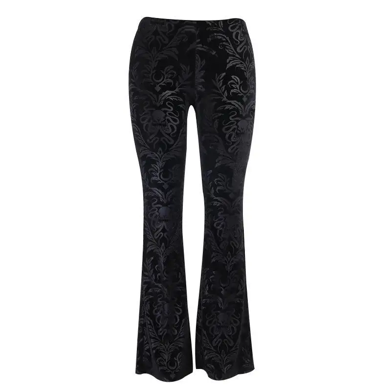 2024 Gothic Style Retro Black Bell-bottoms Pants Women Personalized Embossed Casual Trousers