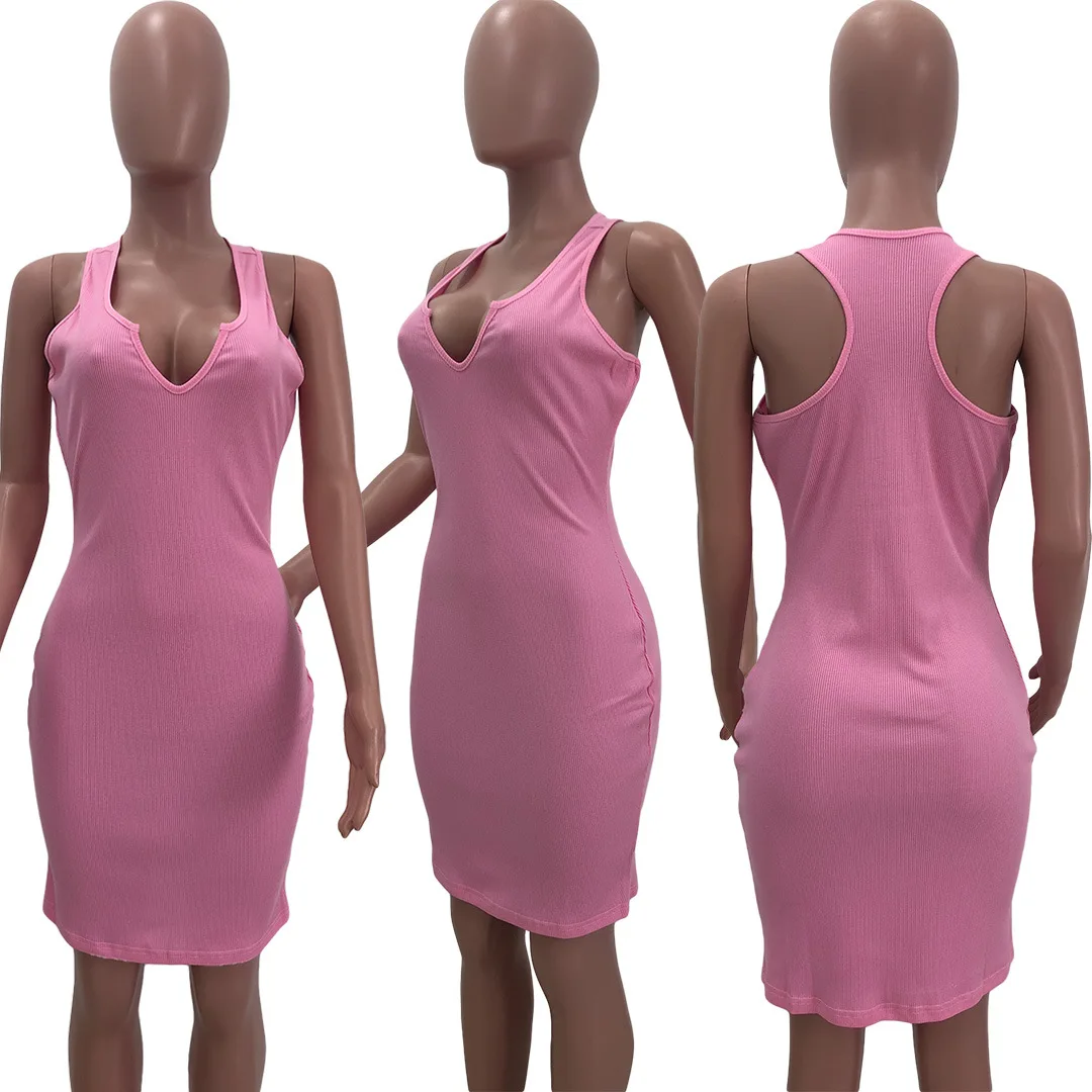 
QC9213 - Summer solid color dresses ribbed v-neck sleeveless tee shirt dress women 