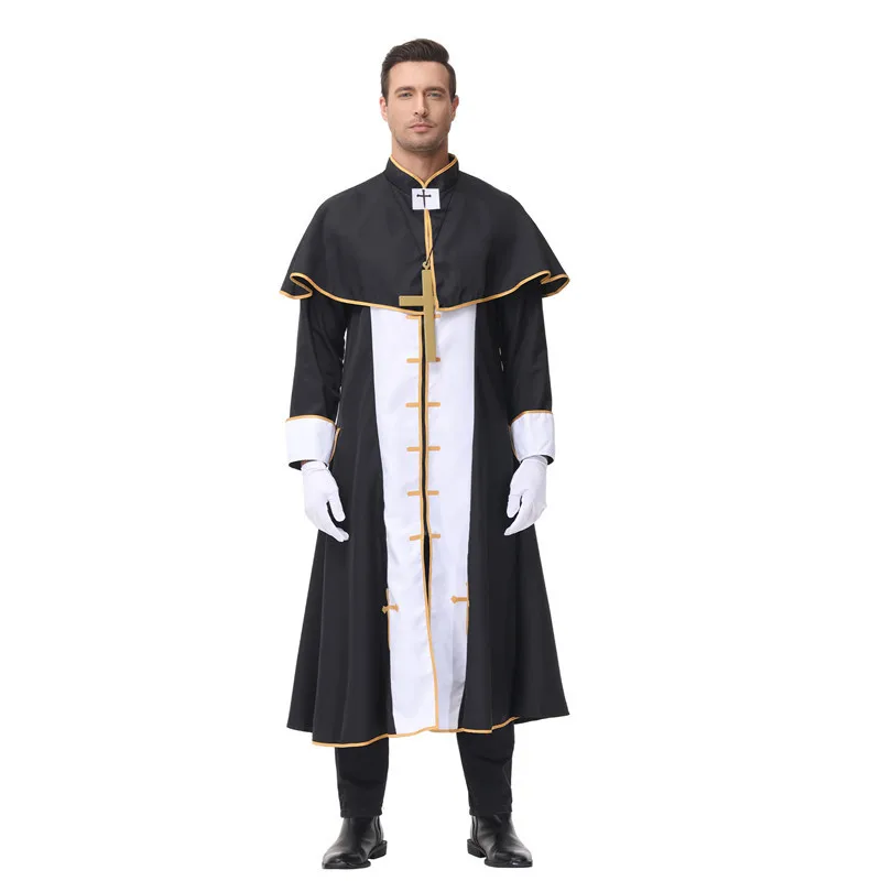 2024 Fancy Religious Pastor Cosplay Black Noble Priest Father Robe Halloween Party Clothing Adult Medieval Costume for Men