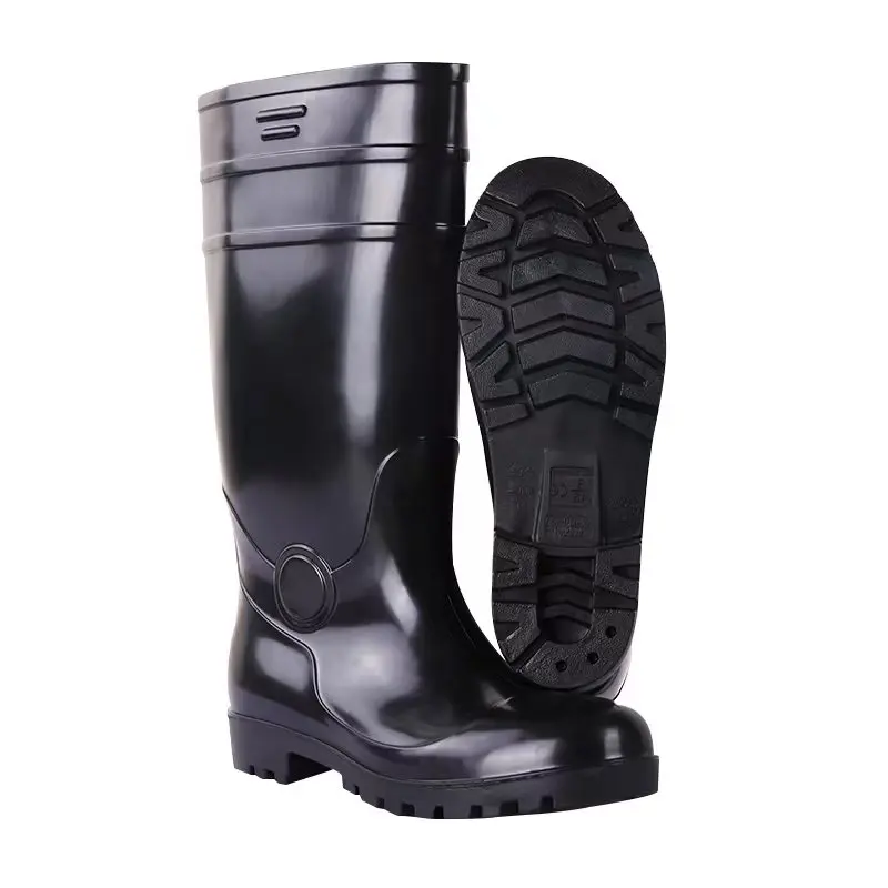 Sell straight black PVC steel bottom anti slip wear resistant construction site anti Wellington safety boots wholesale