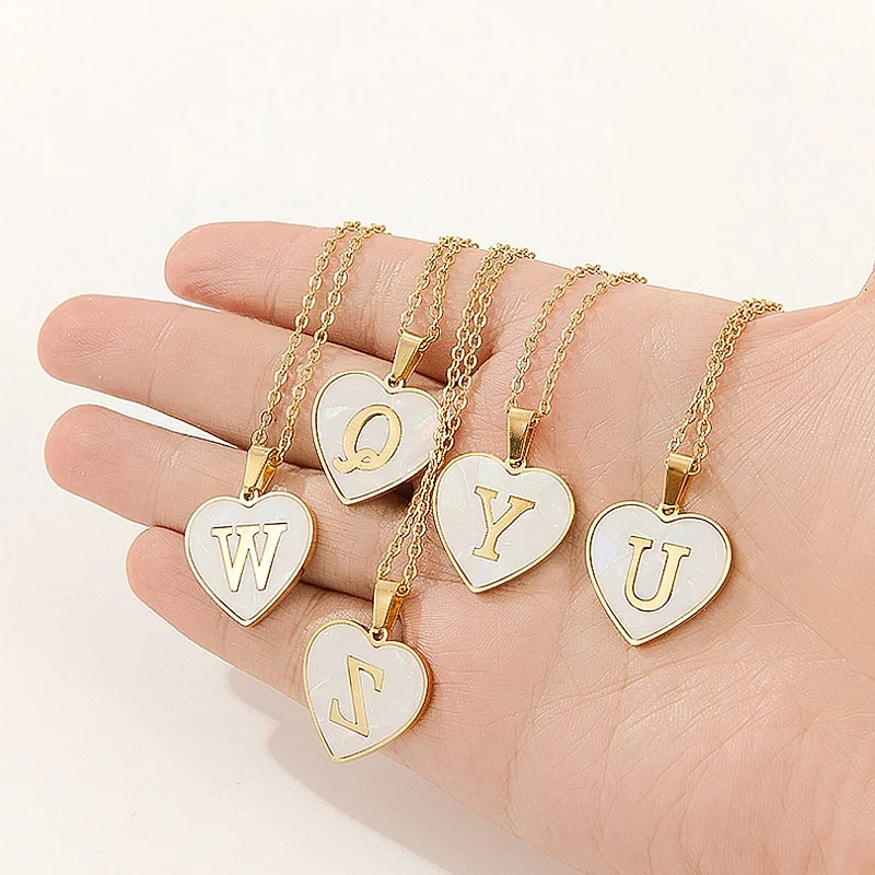 Hot Sale elegant pendant jewelry Stainless Steel Shell Necklace 26 English Letter Heart Inlaid Pendant