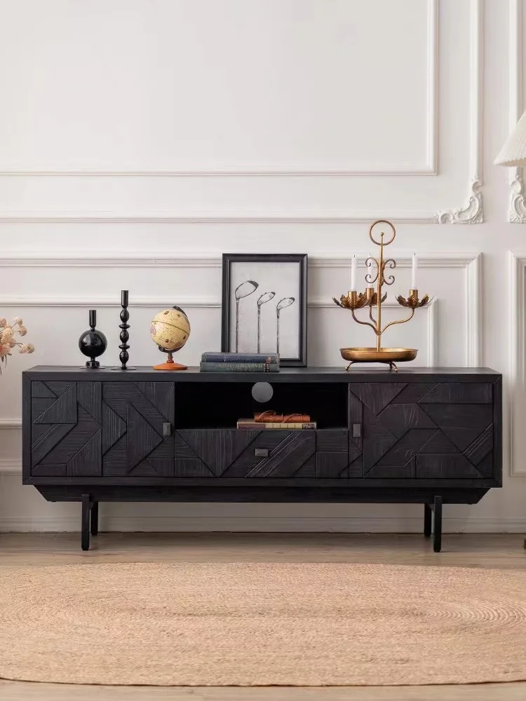 French Retro Style Black Carved TV Stand Solid Wood Entryway Storage Decorative Cabinet for  Living Room