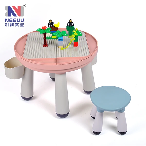 Round DIY kids plastic education multi-function building blocks table drawing table