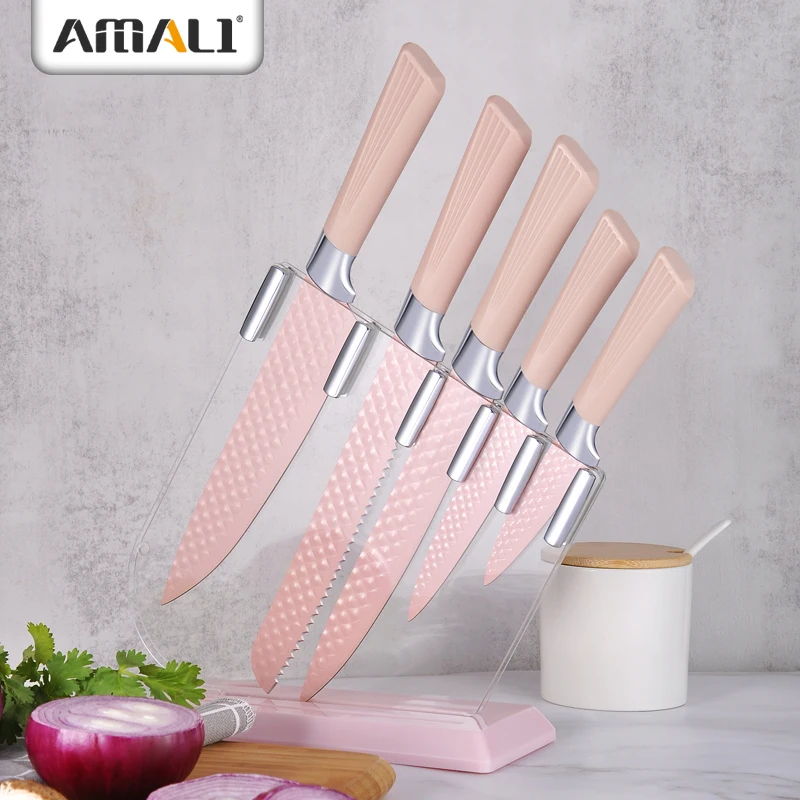 New Design of  6pcs kitchen knife set PP handle chef knife with acrylic stand