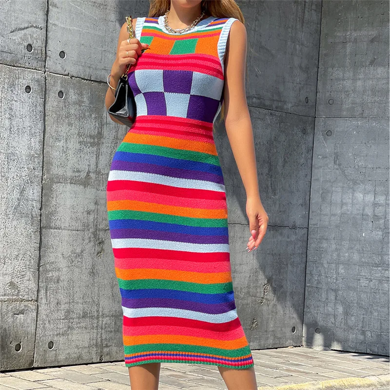 Colorful Plaid Striped Sleeveless Midi Round Neck Women Fall Knit Dress 2022