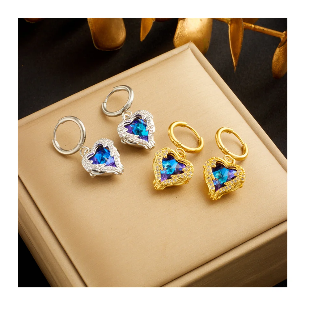 Y&J Fashion Love Earrings With Diamond Gold Plated Heart Ocean Pendant Jewelry