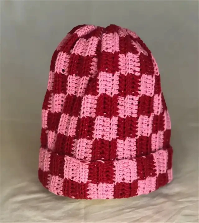 Fashion 2023 Winter Thick Crochet Knitted Cuffed Beanie Caps Handmade Checkered Beanie Hats for Women Men