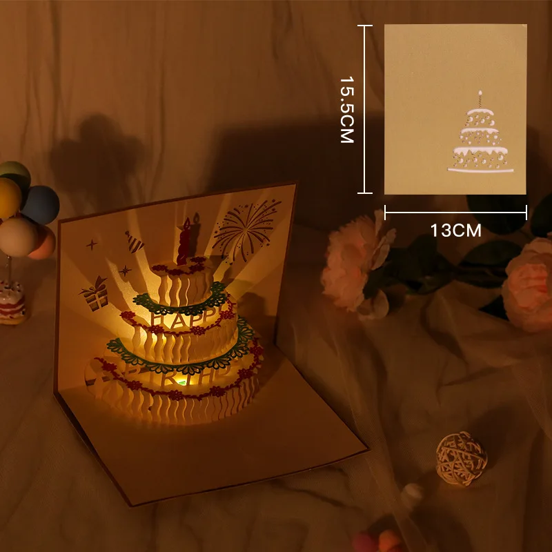 Birthday cake music lighting 3D greeting card paper carving creative gifts Holiday greetings card