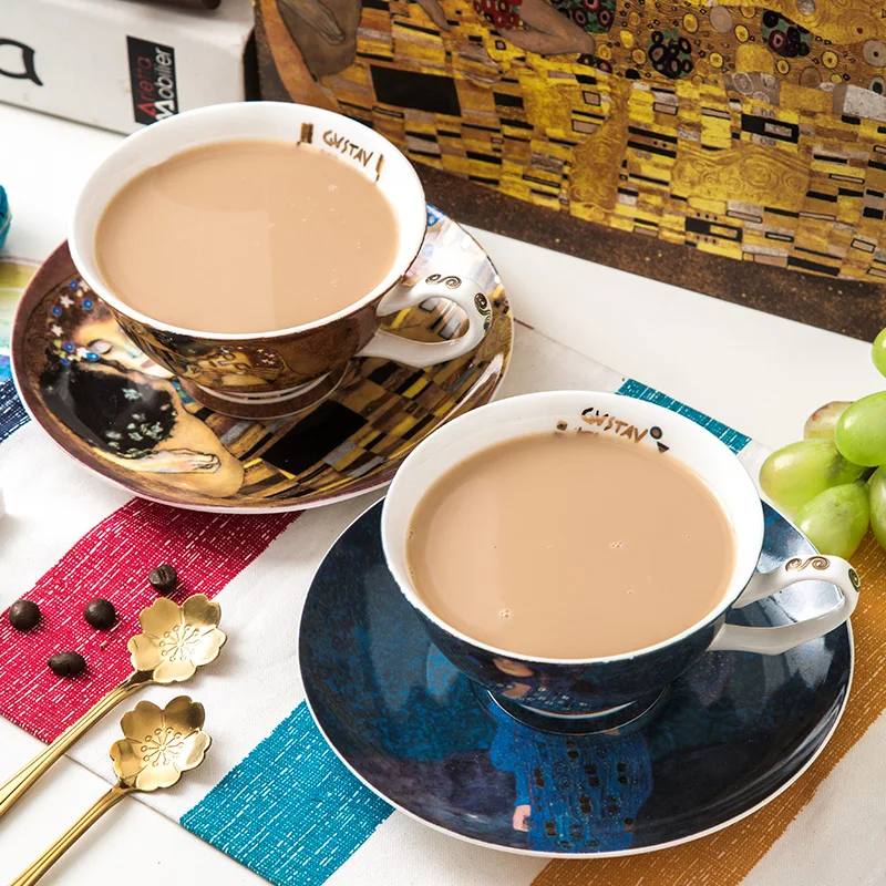 Klimt Famous Painting Bone China Tea Cup and Saucer Sets for 2 Person