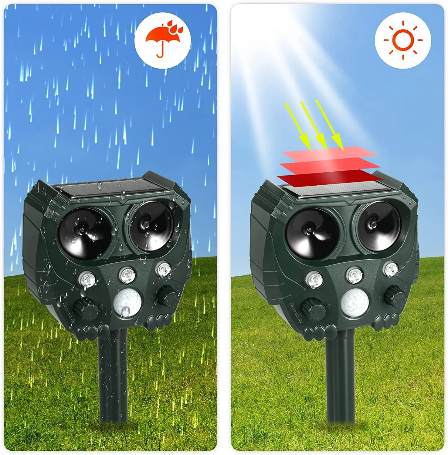 Solar Ultrasonic Animal Repeller Infrared Sensor Bird Mice Fox Racoon Cat Dog Deer Deterrent with Motion Sensor Waterproof