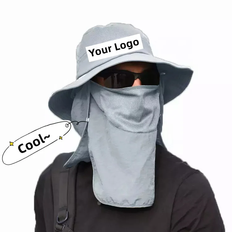 Nylon Waterproof UV Protection Face Cover Sun White Hunting Hats with String Broad Brimmed Cooling Bucket Hats