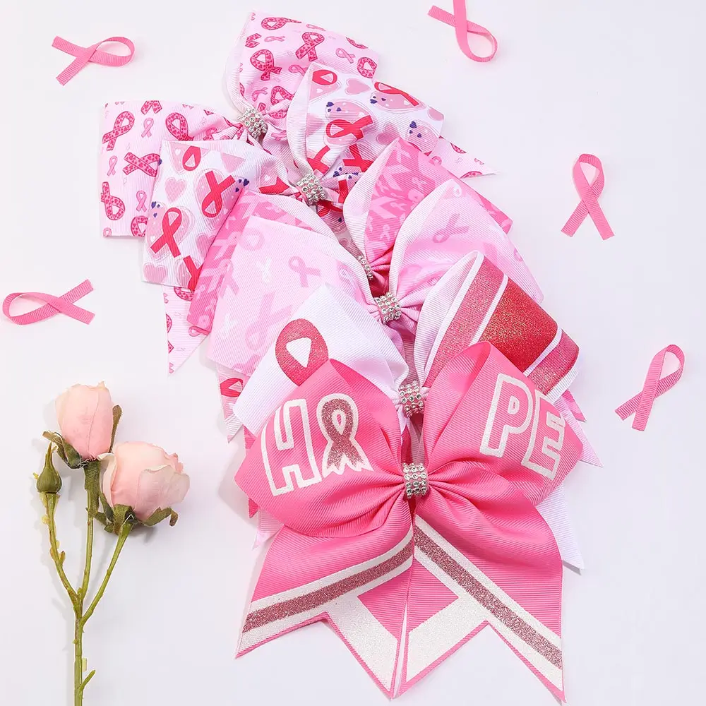7 Inch Cheap Pink Ribbon Cheerleading Bows for Girls and Women Breast Cancer Cheer Bows with Elastic Band
