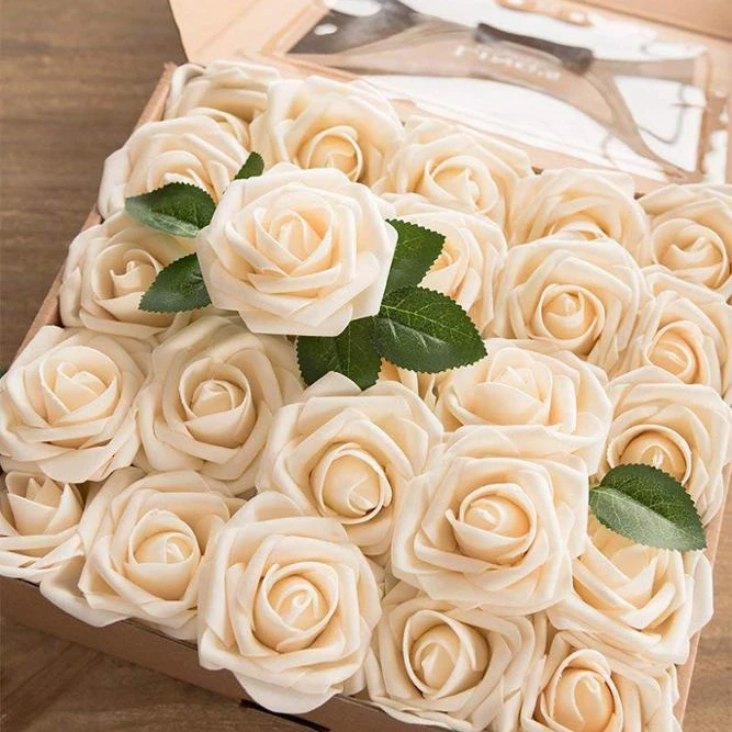 China Alibaba Supplier 50pcs Artificial Flowers Real Looking Cream Fake Roses for DIY Wedding Bouquets