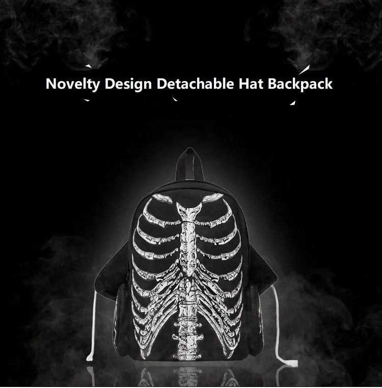 Skull bone Purse Teens School Satchel Travel Backpack with detachable hat printed
