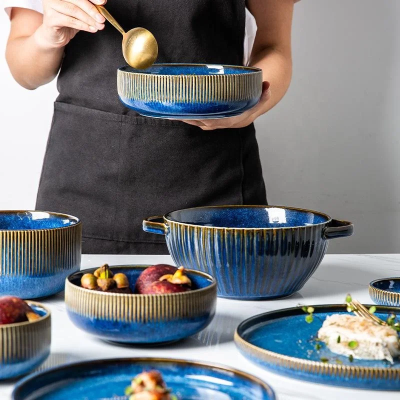 Ceramic Dinner Set, Japanese Retro Blue Plates Bowls Dishes, Kiln Changed Dinnerware Set