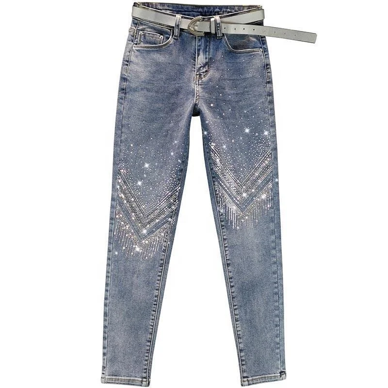 New Sequined Rhinestone Skinny Jeans for Women High Waist Slim Fit Slimming Pencil Pants Denim Trousers