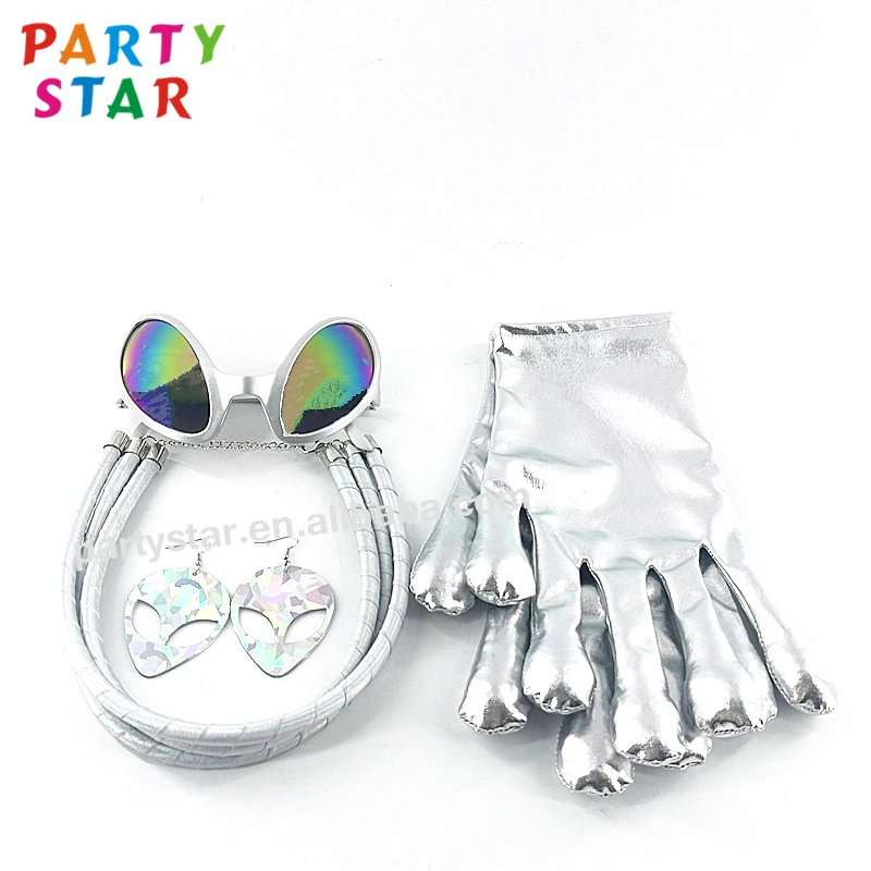 Funny Alien Silver Glasses Necklace Earrings Set Holiday Party Decoration Accessories