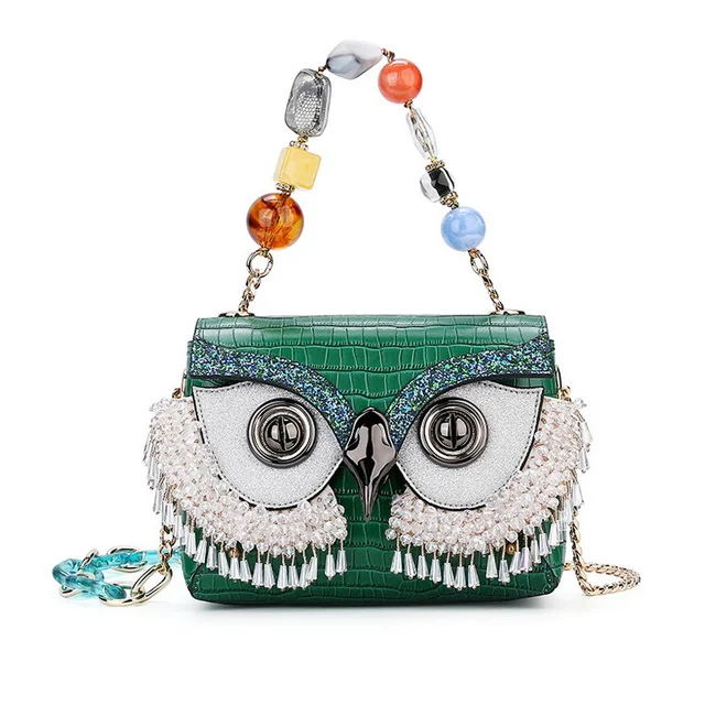 Fashion tassel handmade beaded bag with diamond owl bag pattern genuine leather handbag