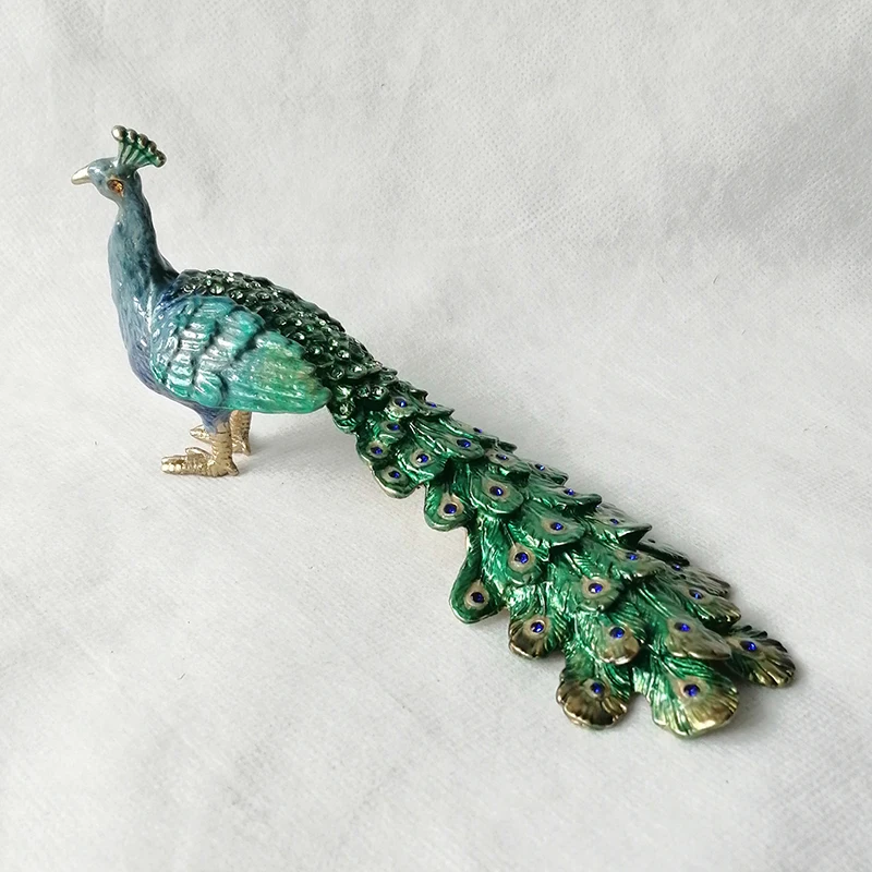 Green Jeweled Peacock Trinket Box Handmade Zinc Alloy Jewelry Box Standing Peacock Statues With Long Tail