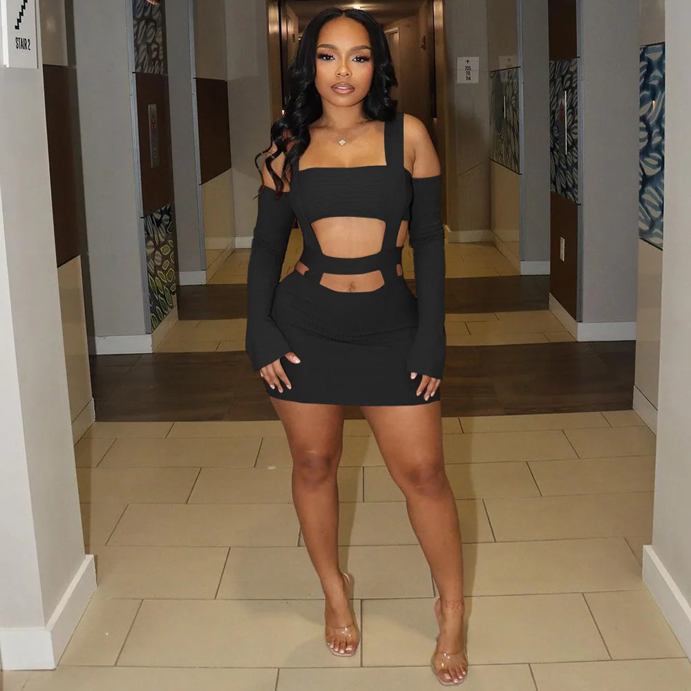 Fashion sexy hot girl hollow out navel suspender sleeve sheath short dress