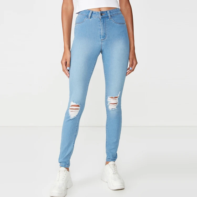 summer new fashion women white high waist skinny ripped jeans