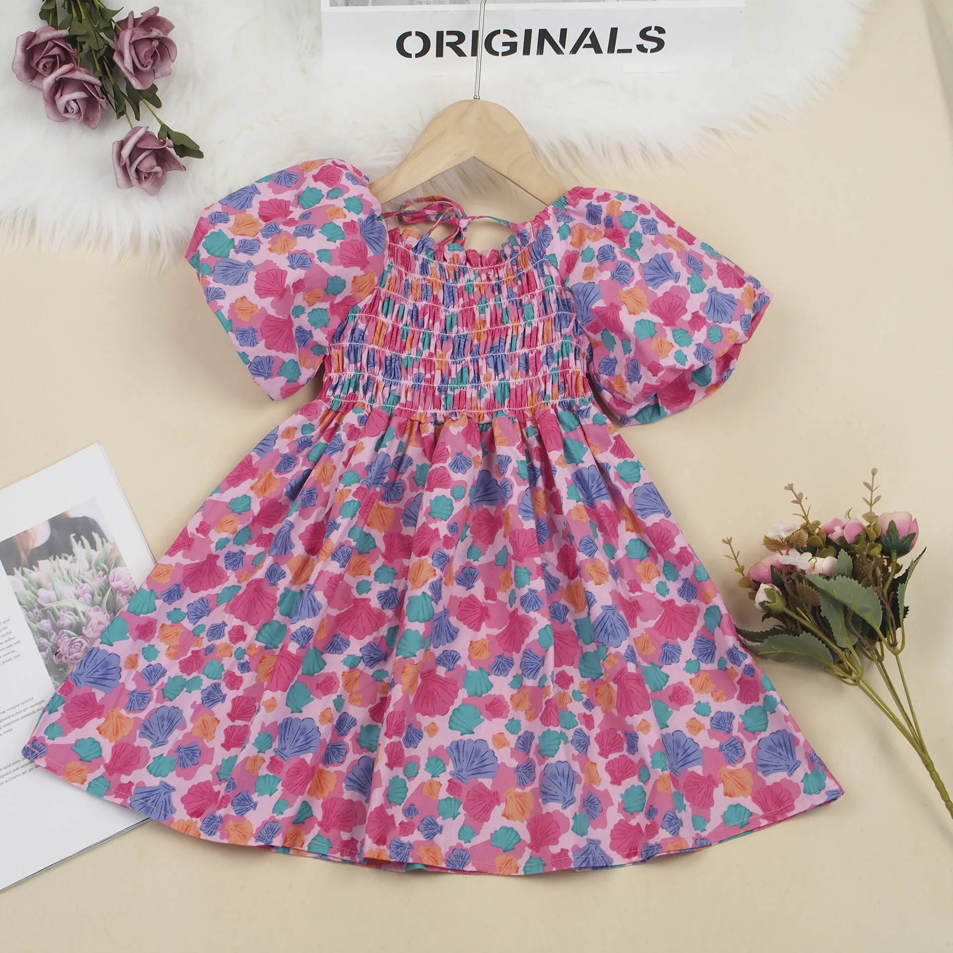 Summer flowers crumpled lace-up dress Princess skirt round neck bubble sleeve back lace-up printed doll skirt a generation