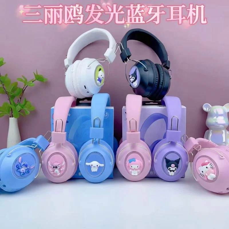 New Selling Headset Anime Cartoon Sanrion Kitty Melodi Kuromy USB Bluetooth Glow Sports Stitch Headset Xmas Gift for Kids