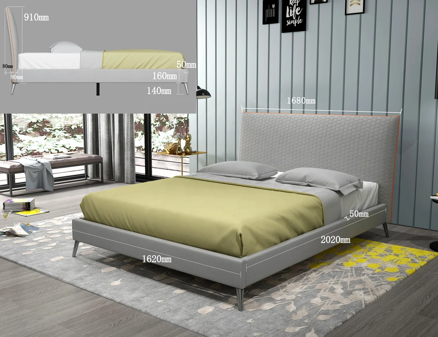 Classic Design High Headboards Upholstered Bed with Wooden Frame