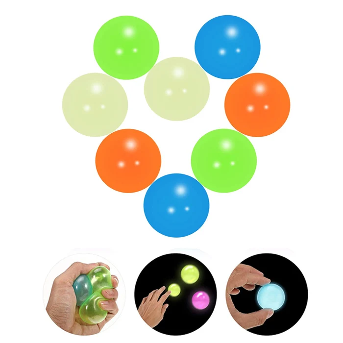 Mutiple color fun TPR stress relief squeeze luminous glowing wall balls ceiling sticky balls glow in dark fidget toy