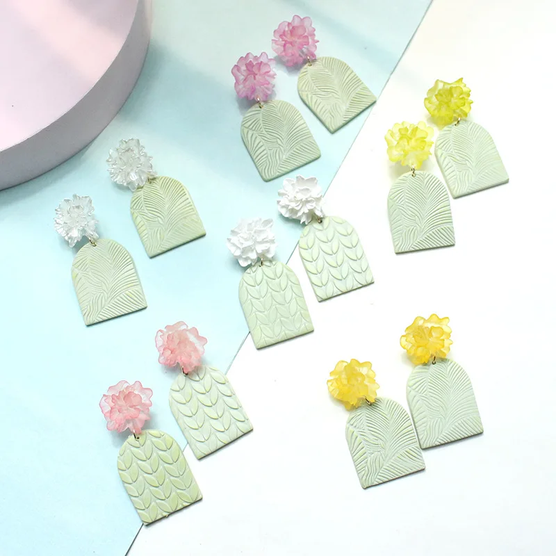 2023 Newest Polymere Clay Leaf Earrings Handmade Flower Garden Large Dangle Earrings Korea Sculpey Polymer Clay For Earrings