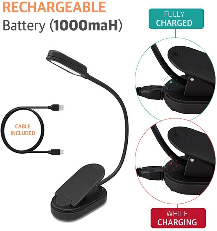 
Book Light Blue Light Blocking Amber Clip-On Reading Light 1600K Warm LEDs for Reading in Bed Rechargeable 1200mAh Battery 