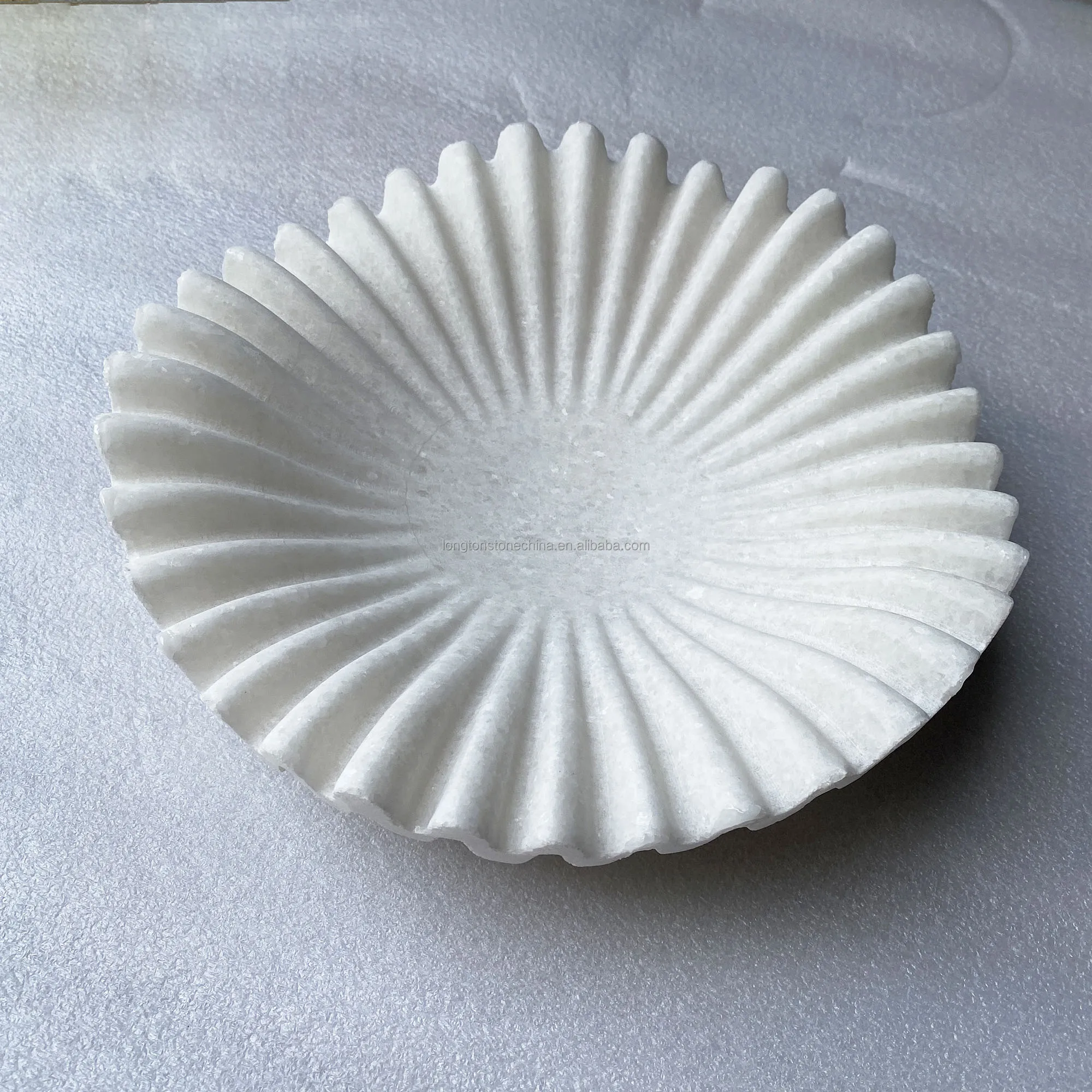 New Design Thassos White Marble Tray Natural Stone Craft Crystal Marble Fruit Bowl Scalloped Ruffle White Marble Tray