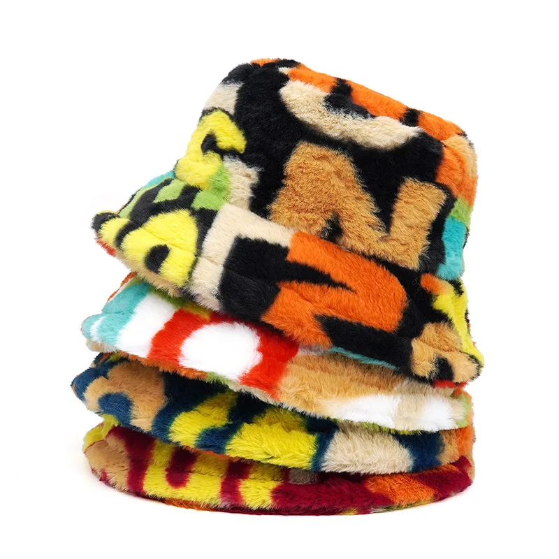 Fashion Winter Warm Thicken Fluffy Bucket Hat For Women Fur Letter Printed Warm Panama Fisherman Cap Lady Female