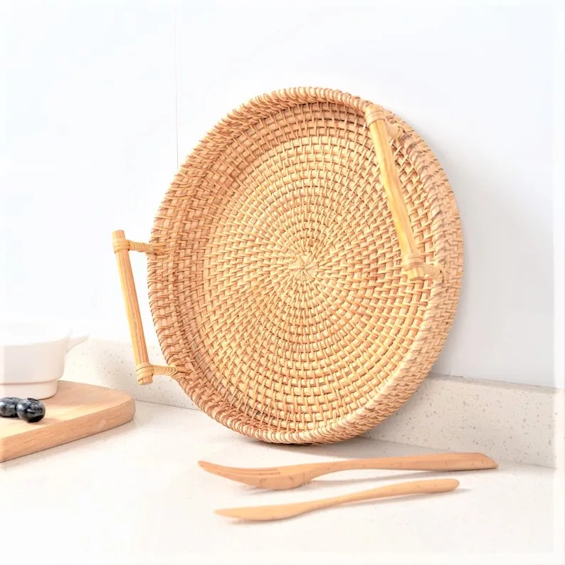 Rattan Serving Trays Breakfast Lunch Fruit Storage Decor Handmade Vietnam factory Rattan Tray
