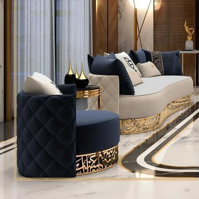 Newest Luxury Golden Stylish Base Decor Lobby Sofa Set Stainless Steel Lounge Chair Velvet Couch For Hotel Home